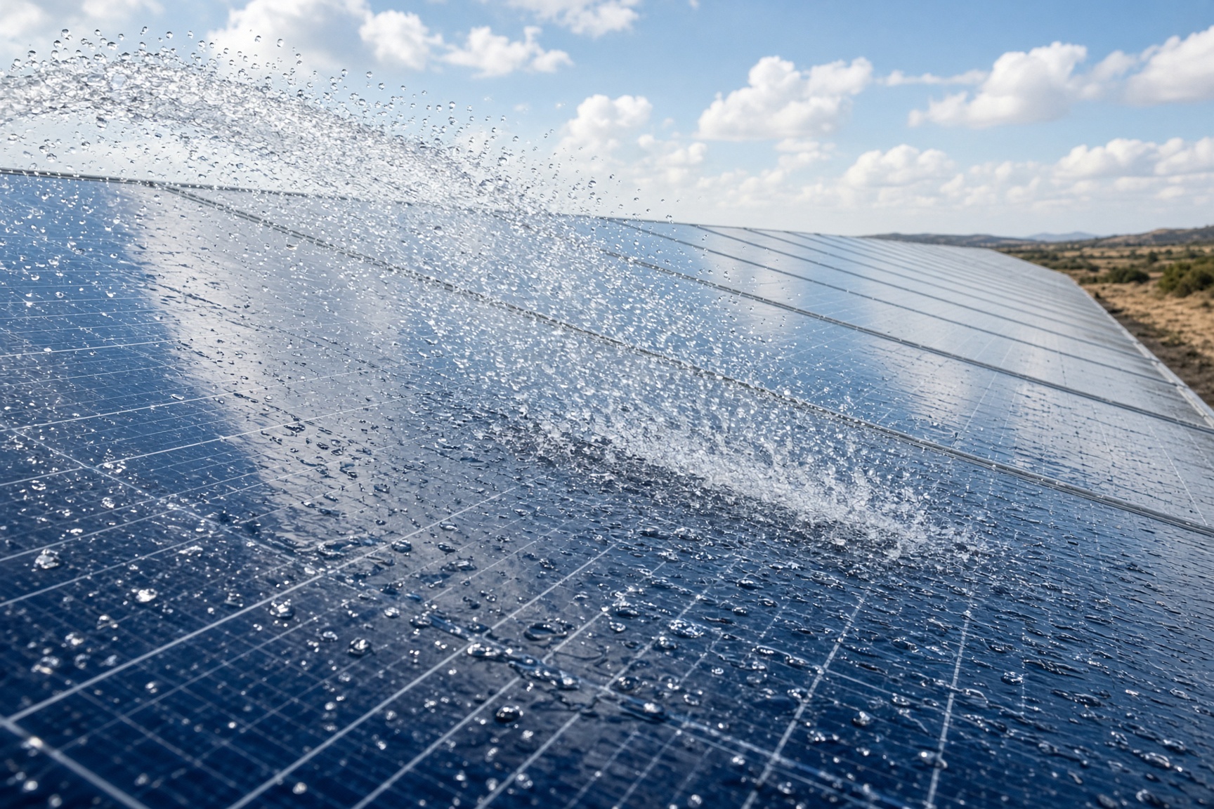 Water rinsing across solar panel glass